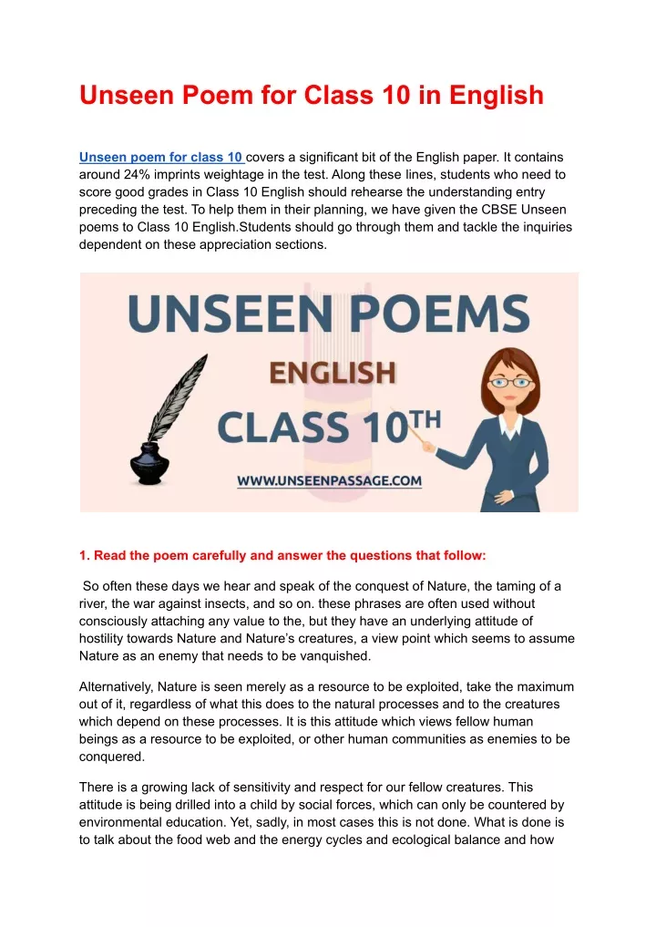 unseen poem for class 10 in english