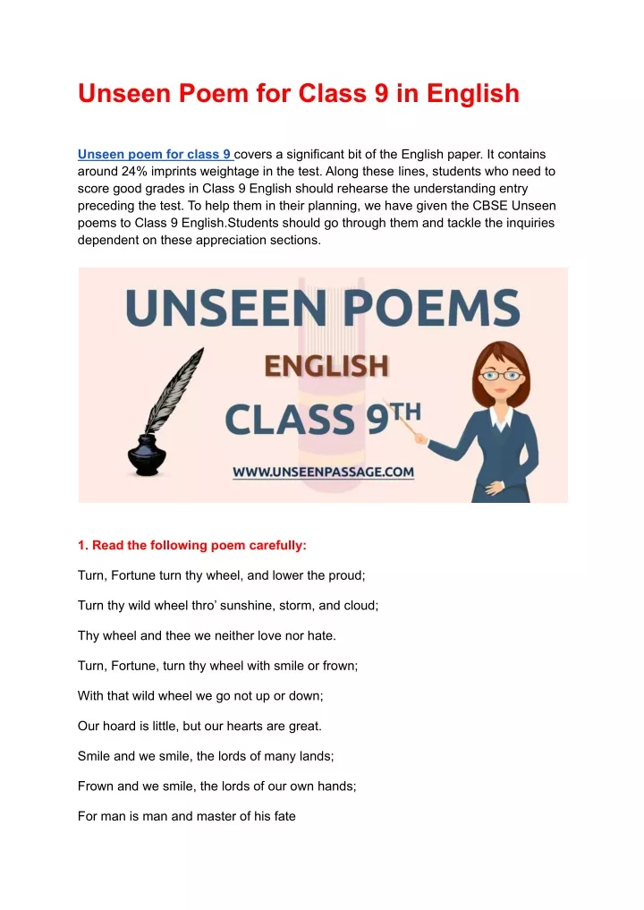 unseen poem for class 9 in english