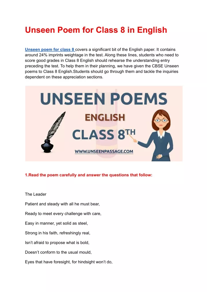 unseen poem for class 8 in english