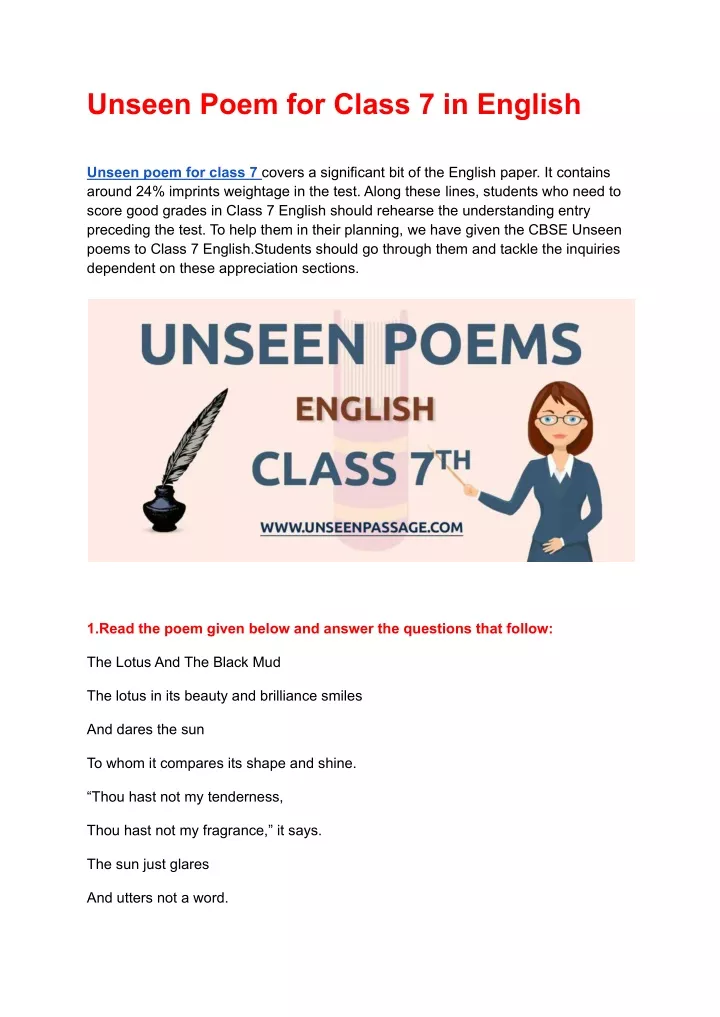 unseen poem for class 7 in english