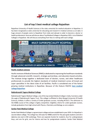 List of top 5 best medical college Rajasthan