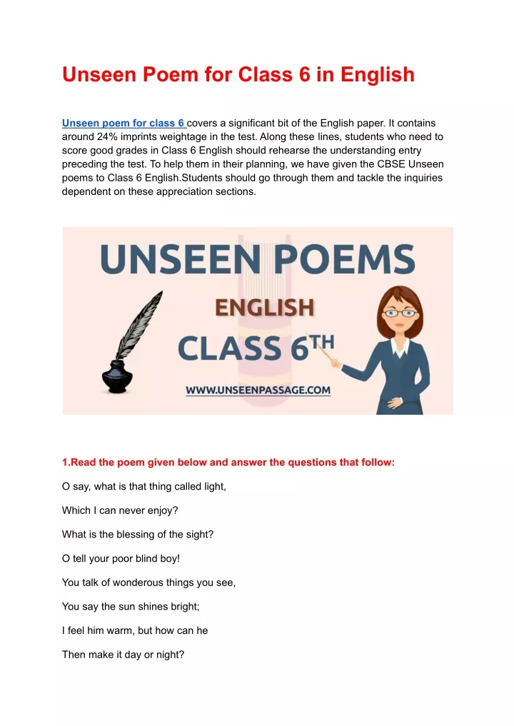 unseen poem for class 6 in english