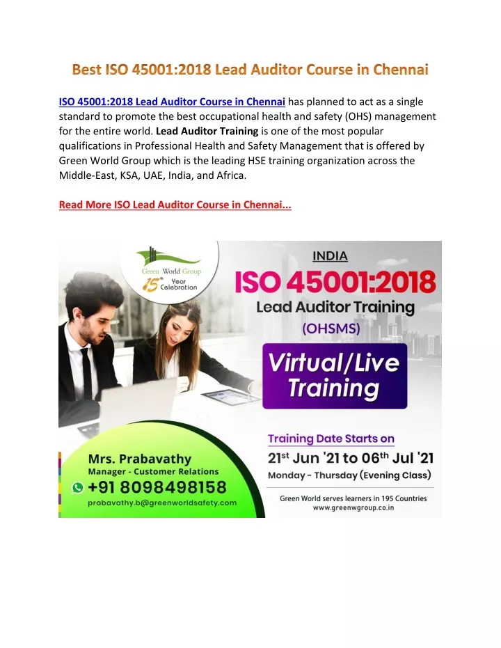 iso 45001 2018 lead auditor course in chennai
