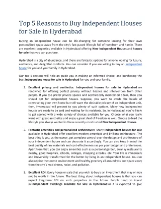 Top 5 reasons to buy an Independent House for Sale in Hyderabad
