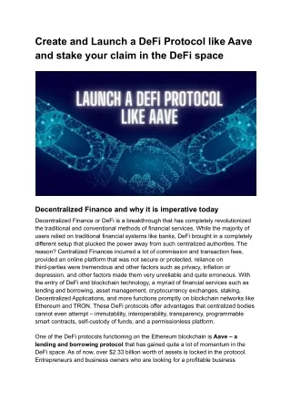 create and launch a defi protocol like aave
