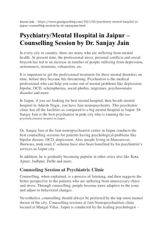 PsychiatryMental Hospital in Jaipur Counselling Session by Dr. Sanjay Jain
