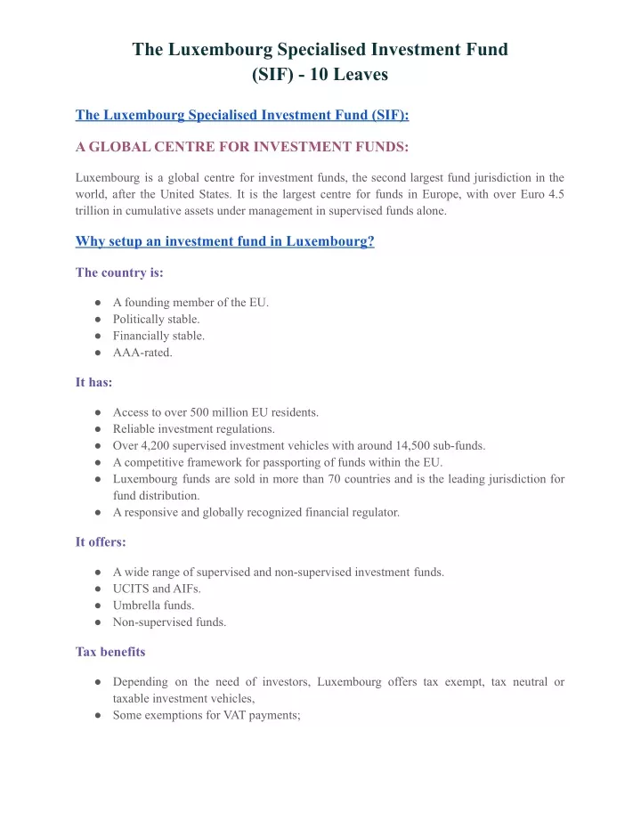 the luxembourg specialised investment fund