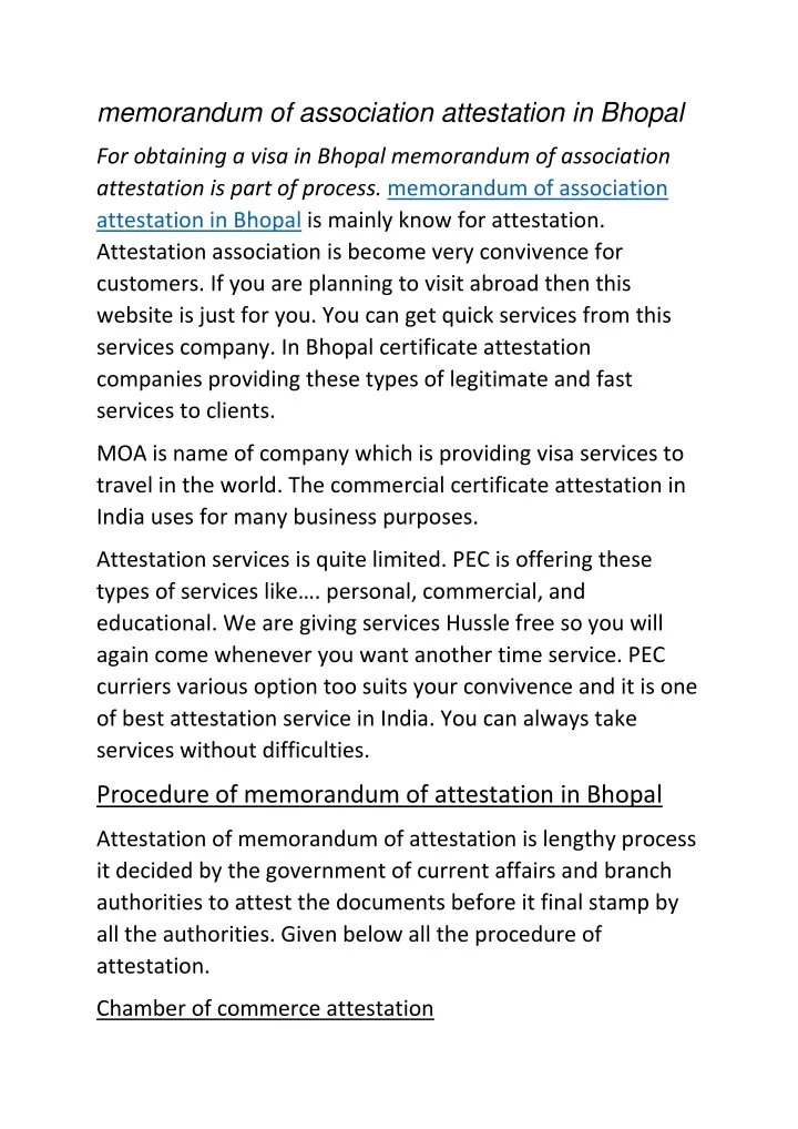 memorandum of association attestation in bhopal