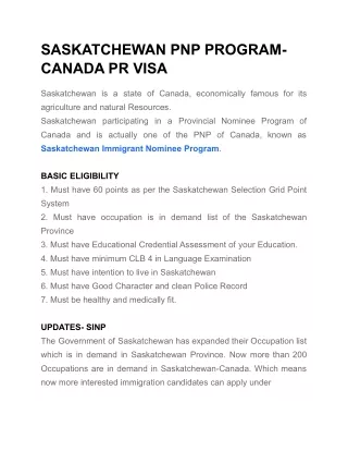 SASKATCHEWAN PNP PROGRAM- CANADA PR VISA