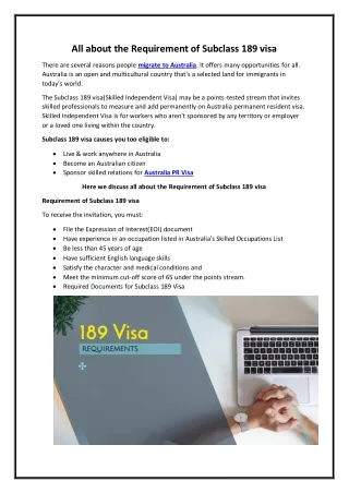 All about the Requirement of Subclass 189 visa