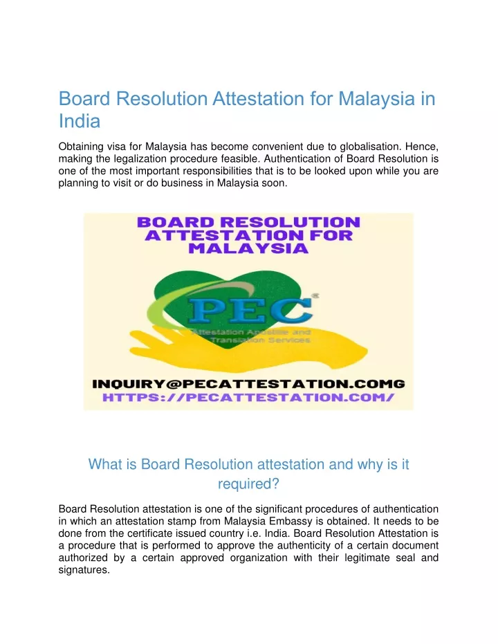 board resolution attestation for malaysia in india