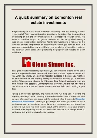 A quick summary on Edmonton real estate investments