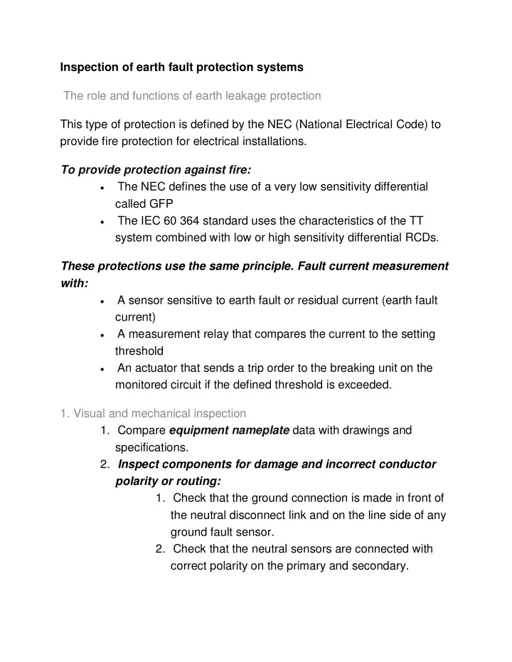inspection of earth fault protection systems