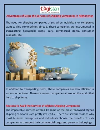 Advantages of Using the Services of Shipping Companies in Afghanistan