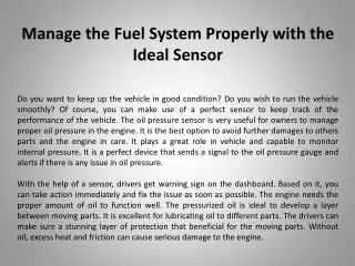 manage the fuel system properly with the ideal