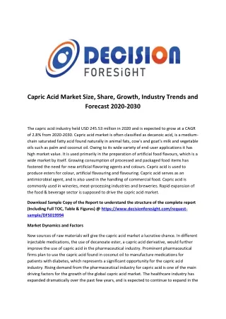 Capric Acid Market Size, Industry Analysis, Segments, Top Key Players, Drivers and Trends to 2030
