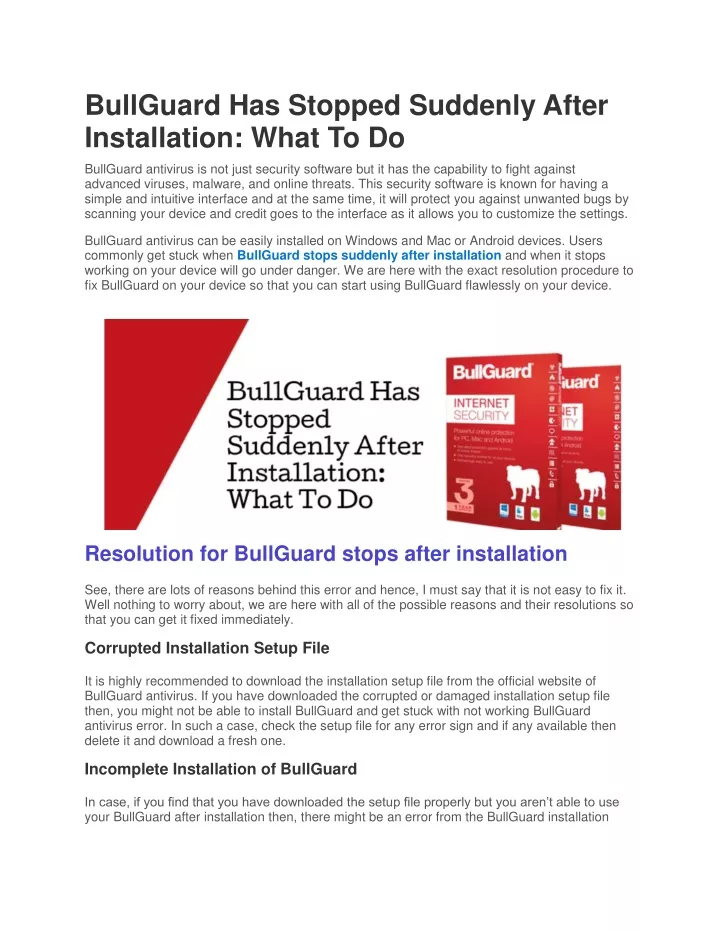 bullguard has stopped suddenly after installation