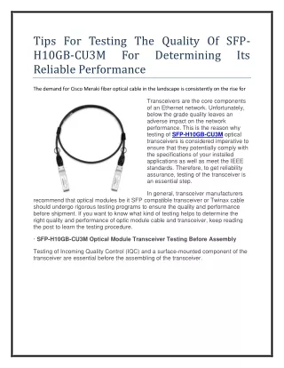 Tips For Testing The Quality Of SFP-H10GB-CU3M For Determining Its Reliable Performance