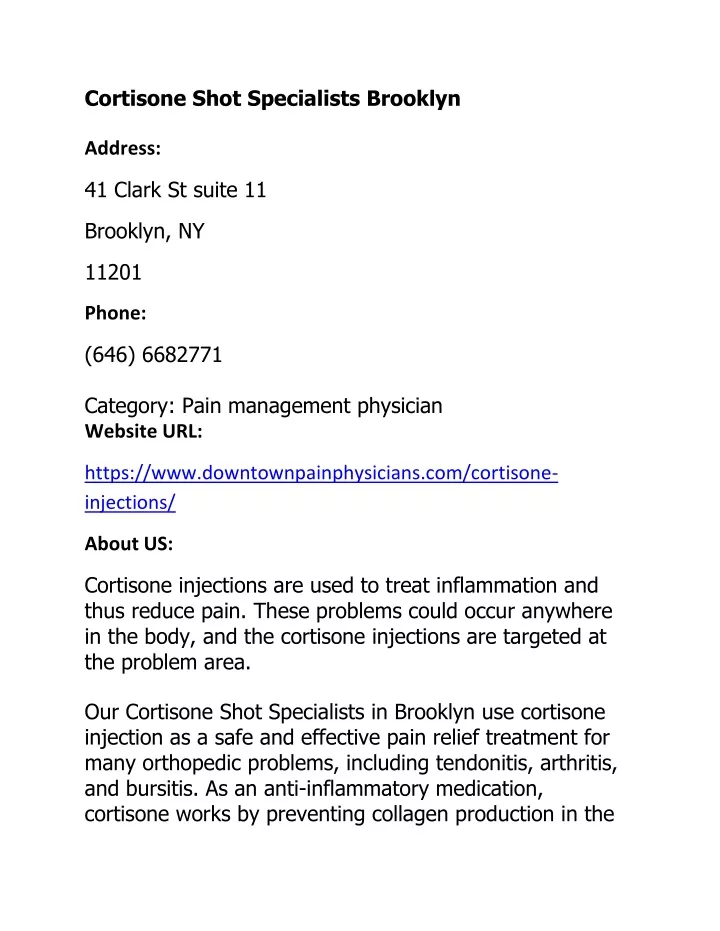 cortisone shot specialists brooklyn address