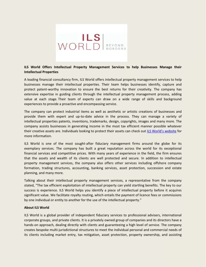 ils world offers intellectual property management