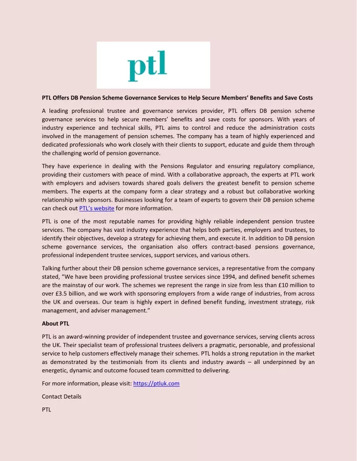 ptl offers db pension scheme governance services