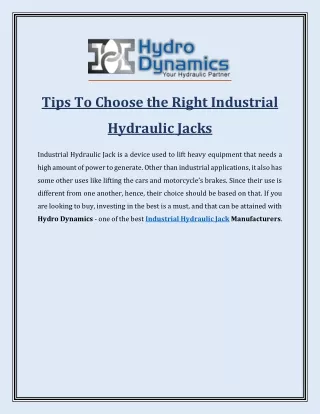 Tips To Choose the Right Industrial Hydraulic Jacks