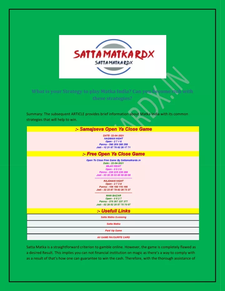 what is your strategy to play matka india