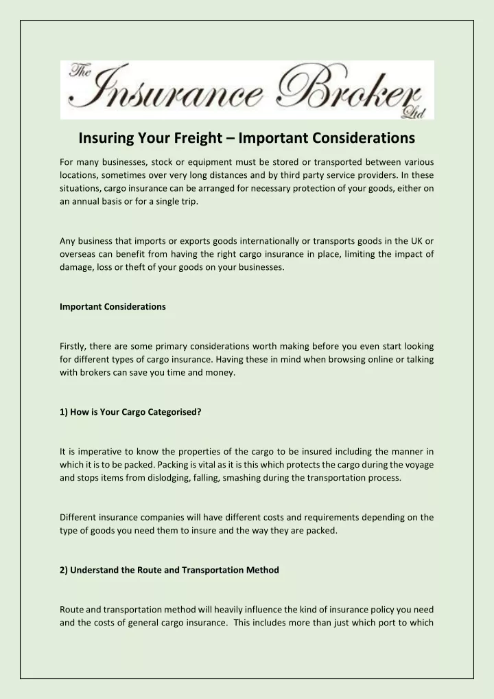 insuring your freight important considerations