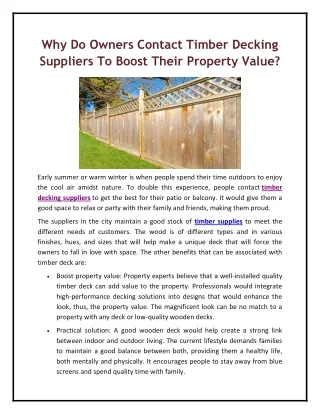 Why Do Owners Contact Timber Decking Suppliers To Boost Their Property Value