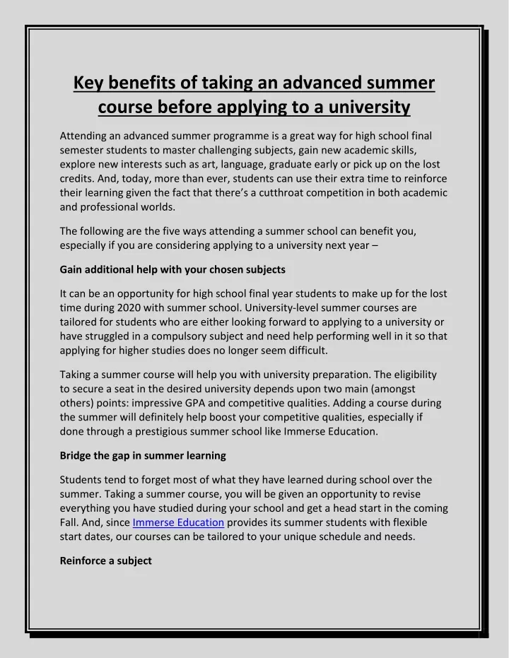 key benefits of taking an advanced summer course
