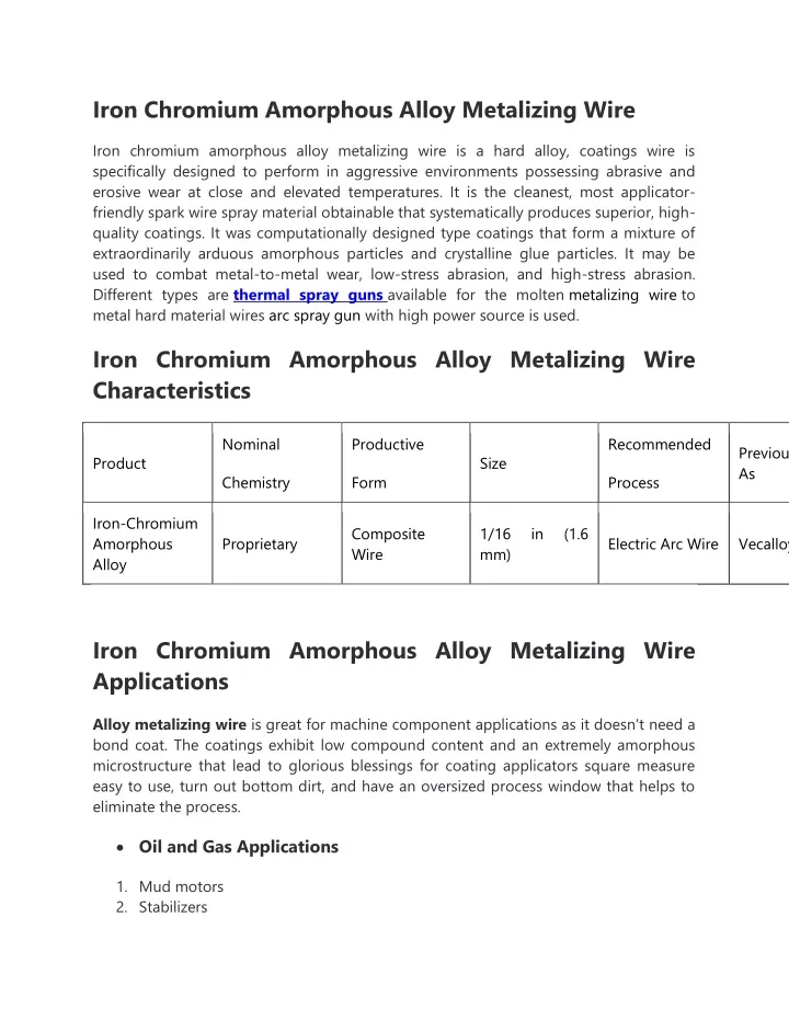 iron chromium amorphous alloy metalizing wire