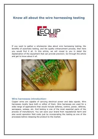 know all about the wire harnessing testing