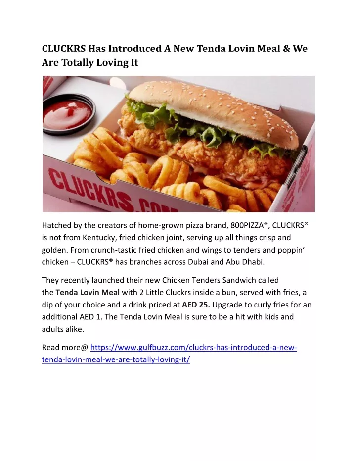 cluckrs has introduced a new tenda lovin meal