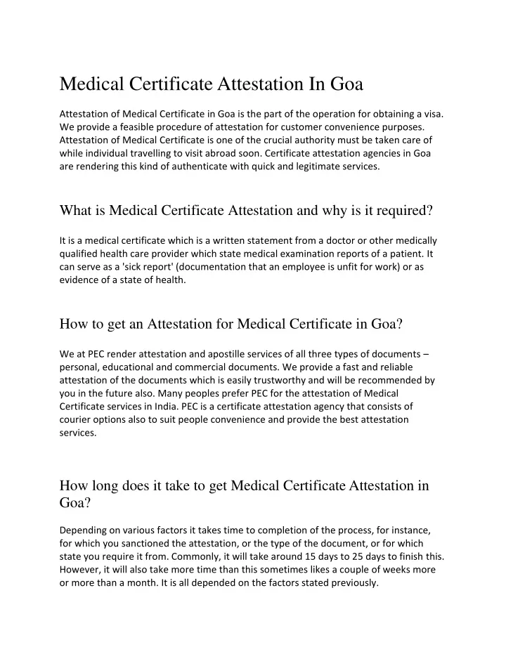 medical certificate attestation in goa