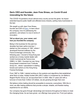Deriv CEO and founder Jean-Yves Sireau on Covid-19 and innovating for the future
