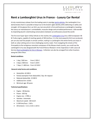 Rent a Lamborghini Urus in France - Luxury Car Rental