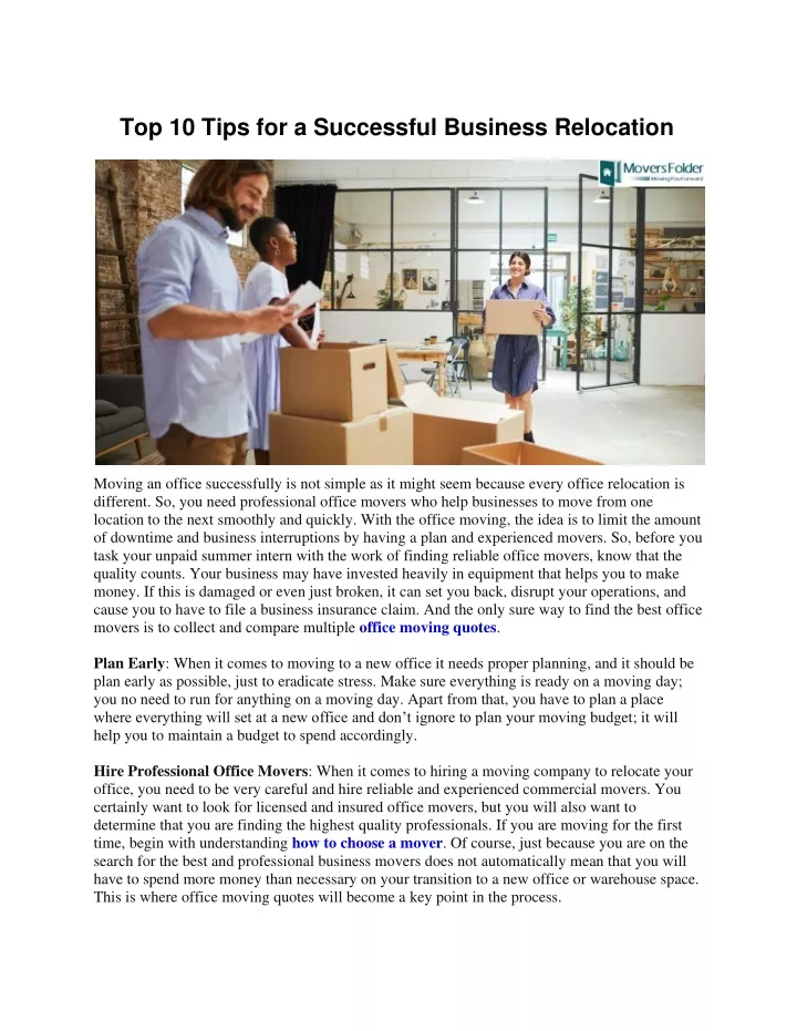 top 10 tips for a successful business relocation