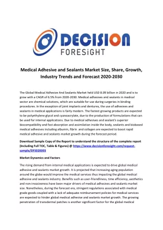 Medical Adhesive And Sealants Market In Depth Analysis Of Competitive Landscape Executive Summary Development Factors 20
