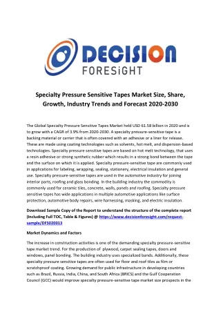 Specialty Pressure Sensitive Tapes Market 2020 Top Key Players And Industry by End-User Segments Forecast Till 2030