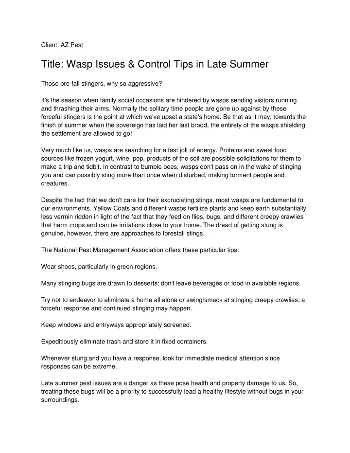 client az pest title wasp issues control tips
