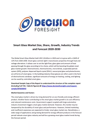 Smart Glass Market 2020 Top Key Players And Industry by End-User Segments Forecast Till 2030