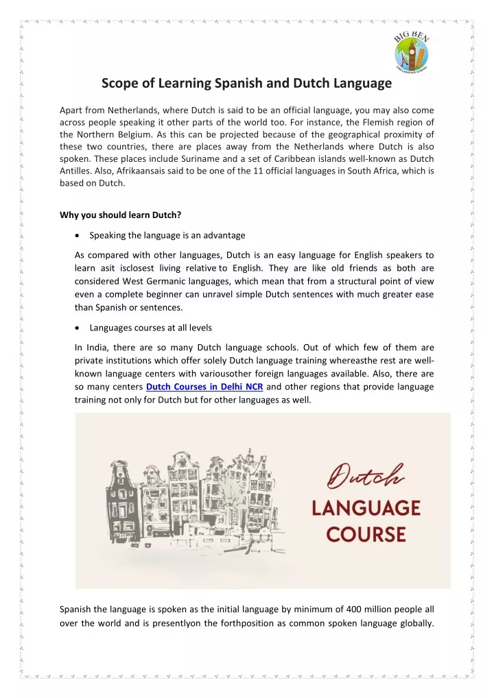 scope of learning spanish and dutch language