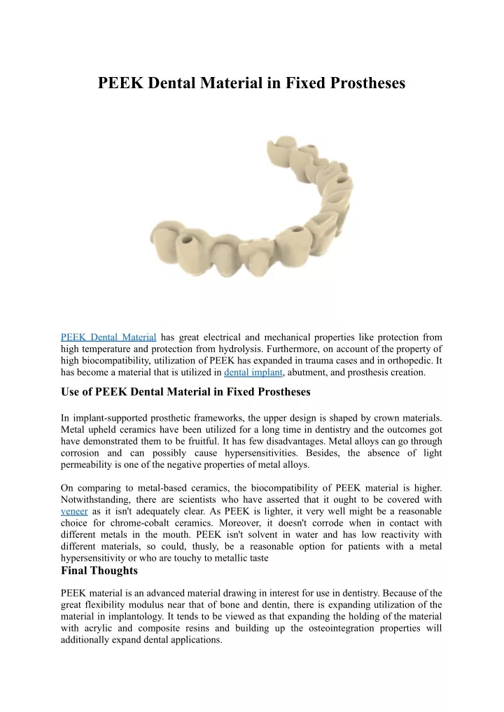 peek dental material in fixed prostheses