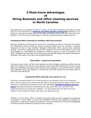 3 Must-know Advantages of hiring Business and office cleaning services NC