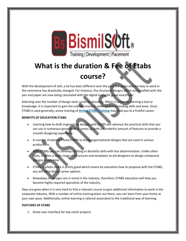 what is the duration fee of etabs course