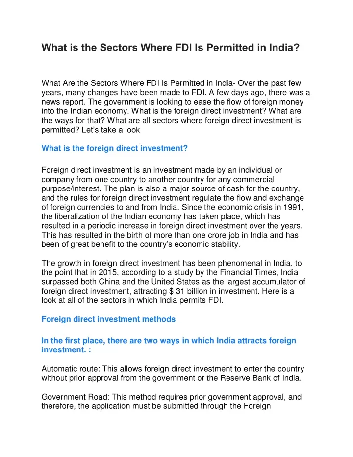 what is the sectors where fdi is permitted