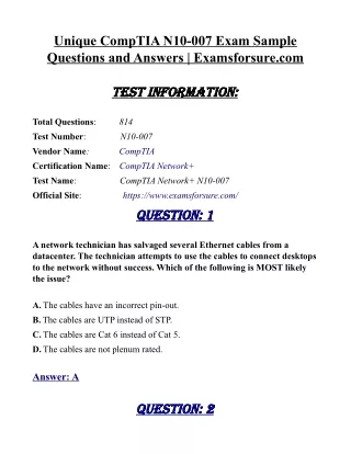 Unique CompTIA N10-007 Exam Sample Questions and Answers | Examsforsure.com