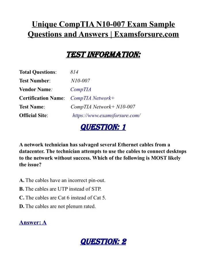 unique comptia n10 007 exam sample questions