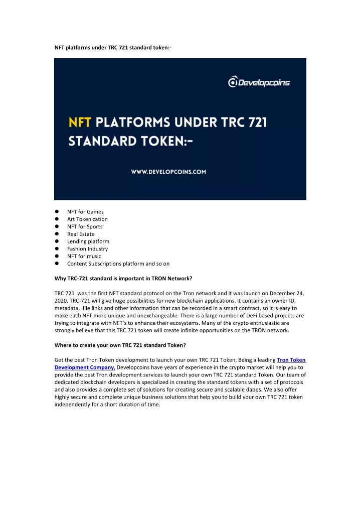 nft platforms under trc 721 standard token