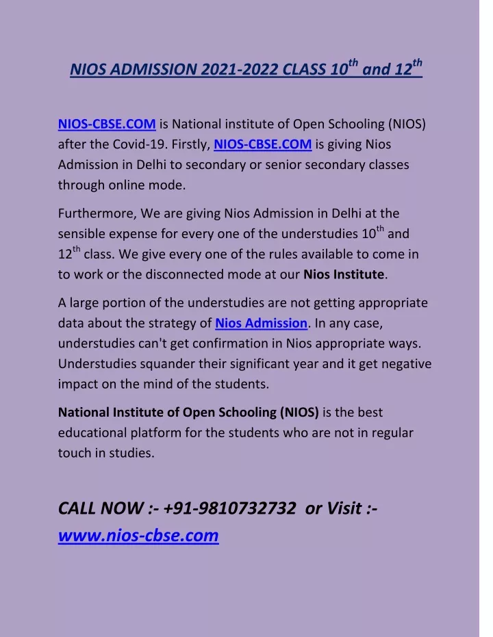 nios admission 2021 2022 class 10 th and 12 th